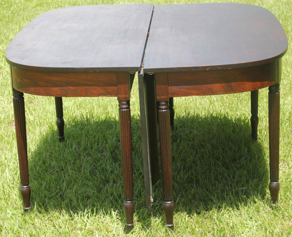 19TH C. REEDED LEG MAHOGANY BANQUET TABLE,: "D" SHAPED ENDS WITH DROP LEAF, 28 1/2" H, 50 1/2" W, 22 3/4" D WITH 21 3/4" LEAF