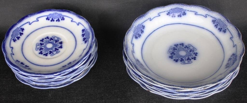 LOT OF 13 FLO BLUE BOWLS & SAUCERS,: LORNE PATTERN, SIX 7 5/8" BOWLS, AND SEVEN 6 3/16" SAUCERS, SOME SAUCERS SHOW SLIGHT FLAKES