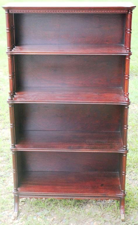 MAHOGANY DUNCAN PHYFE STYLE OPEN BOOKCASE,: 4 SHELVES, REFINISHED CONDITION, 50" H, 28" W, 13 1/2" D