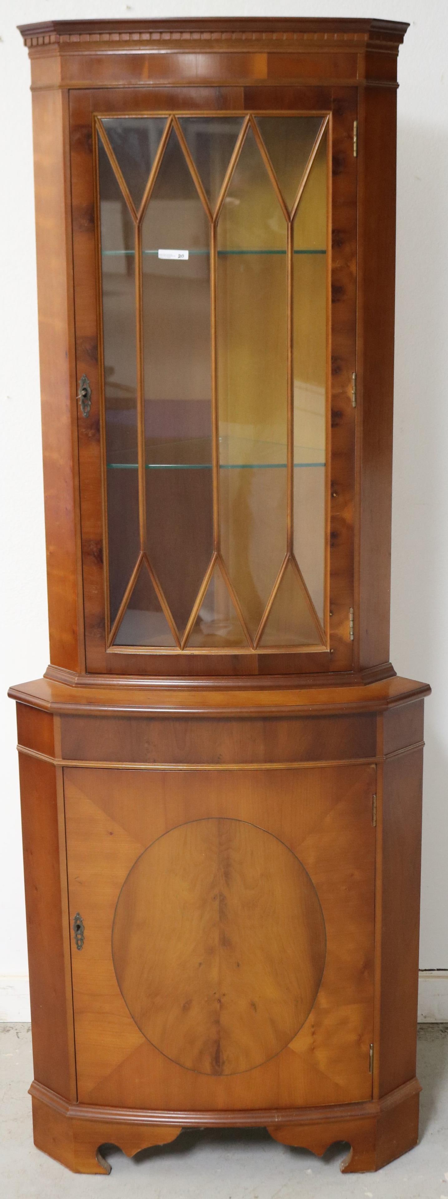 CONTEMPORARY GEORGIAN STYLE CORNER CURIO CABINET,: GLAZED TOP DOOR, INLAID LOWER DOOR, ORIGINAL FINISH, GLASS SHELVES, MAHOGANY & BURL WOOD, 73" H, 26 1/2" W, 18" D