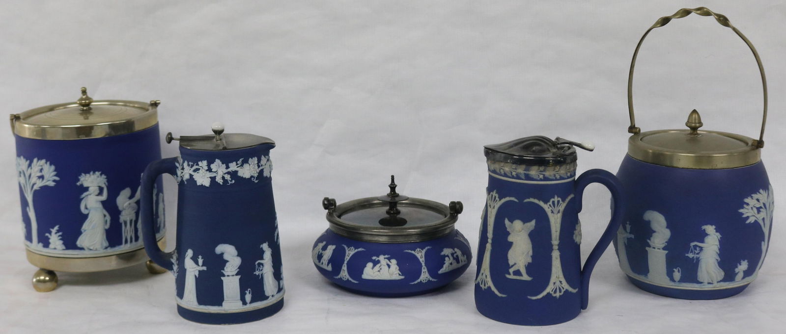5 WEDGWOOD JASPERWARE ITEMS WITH METAL MOUNTS, 3: COVERED JARS, 2 3/4" - 6" H, APPROX. 5 1/2" DIA., 2 SYRUP JUGS 5 3/4" H, LATE 19TH/EARLY 20TH C. NO DAMAGE