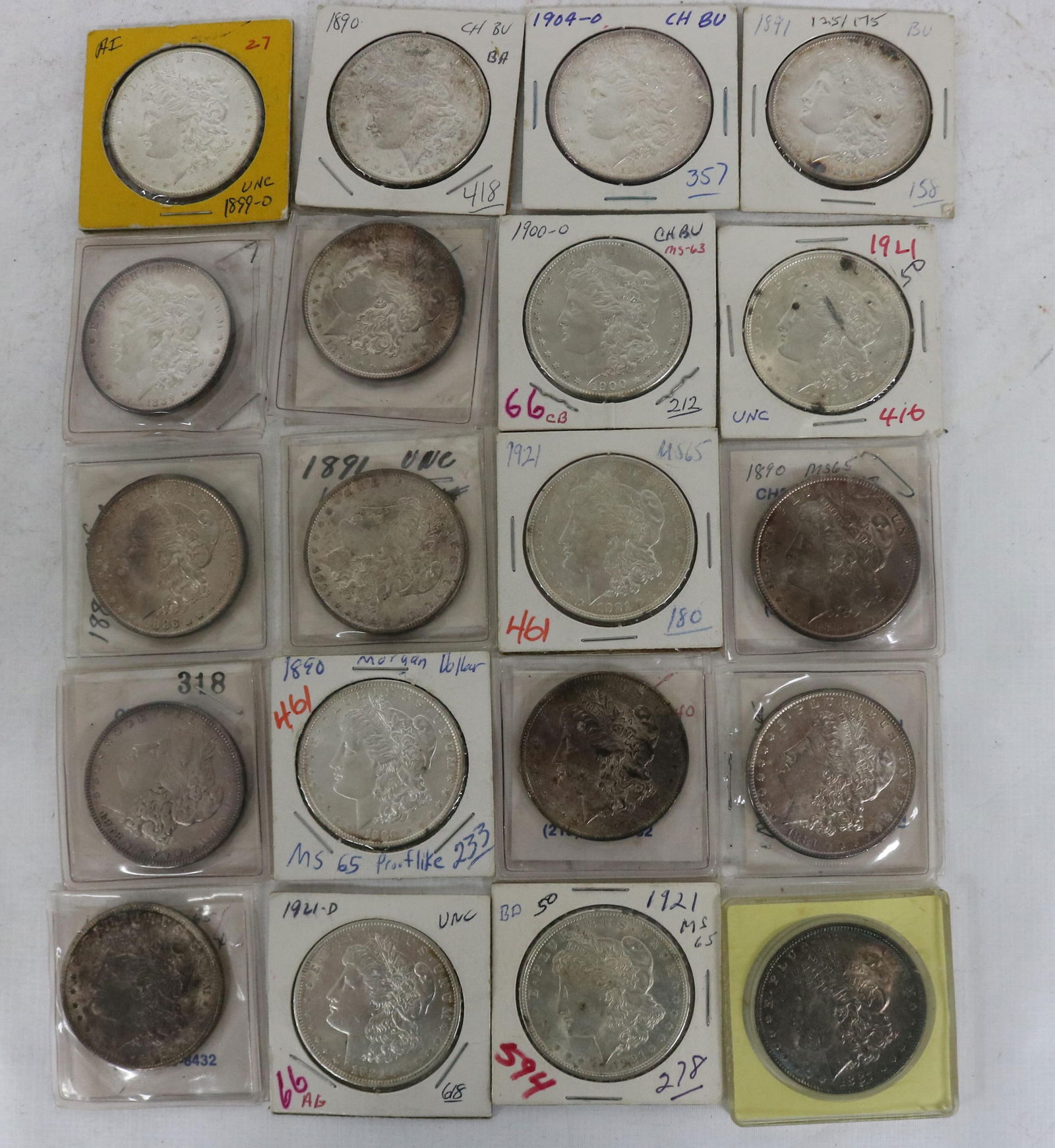 COLLECTION OF 20 MORGAN SILVER DOLLARS ALL IN: UNCIRCULATED CONDITION, 1878 7 TAIL FEATHERS, (2) 1881 O, 1884 O, 1886, 1887, 1889, (3) 1890, (2) 1891, 1899 O, 1900 O, 1904 0, (3) 1921, (2) 1921 D