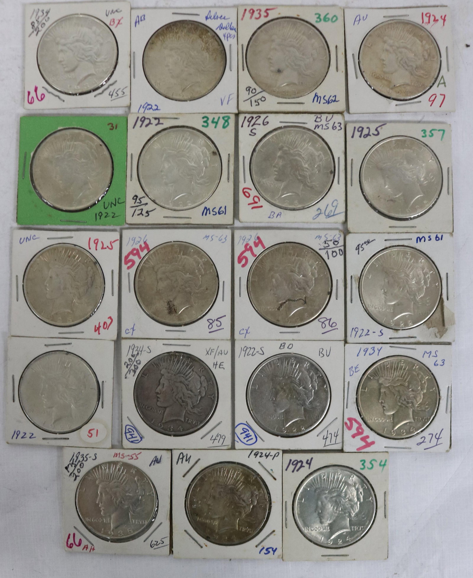 COLLECTION OF 19 PEACE DOLLARS, (4) 1922 THREE: UNC ONE VF, (2) 1922S AU, (3) 1924 AU, (2) 1925 AU, (2) 1926 AU, 1926S UNC., (2) 1934 AU/UNC, 1934 S XF, 1935 AU/UNC, 1935 S AU