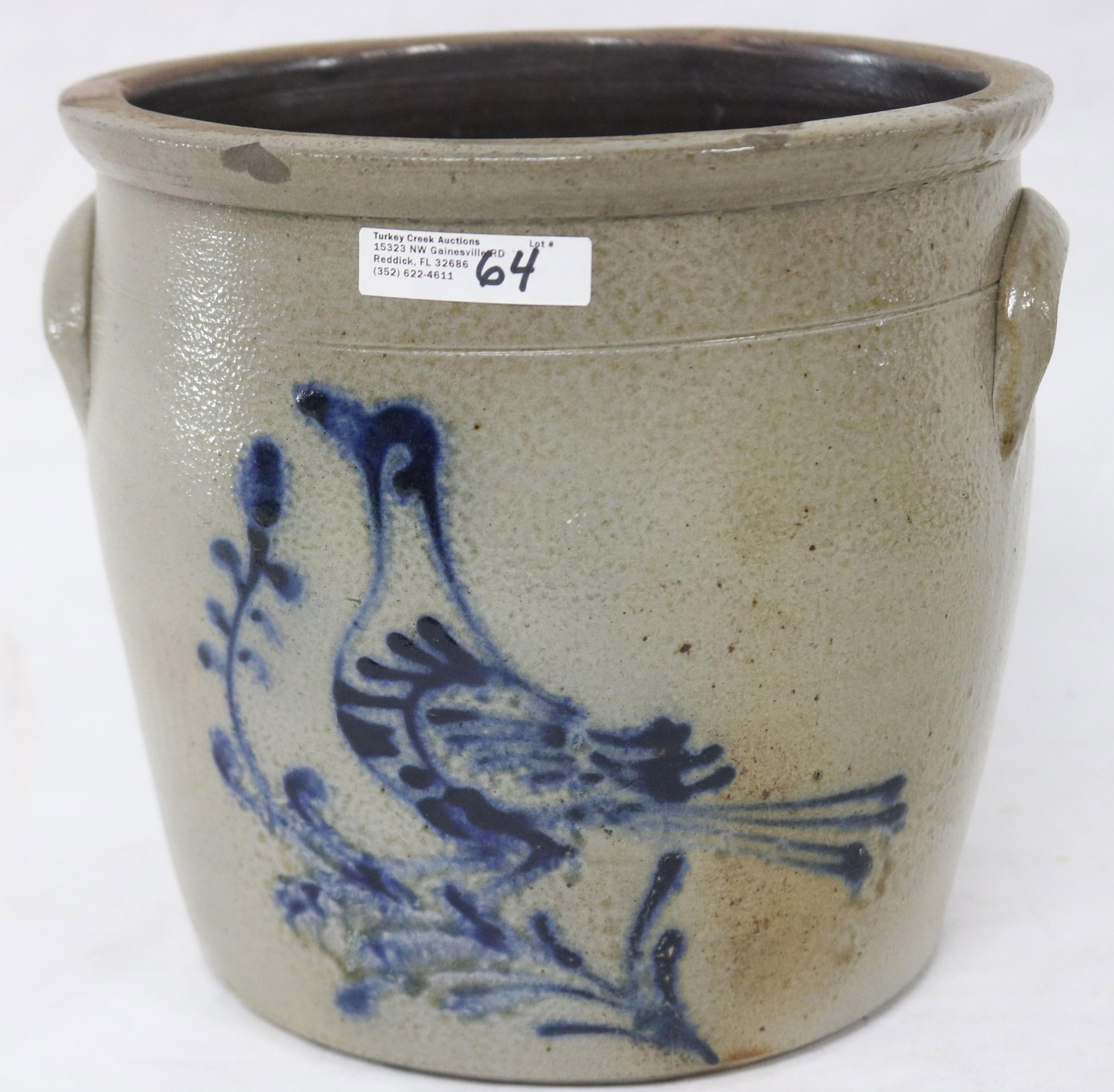 19TH C. STONEWARE CROCK WITH BLUE BIRD ON BRANCH,: 1-2 GAL, 8" H, 8 1/2" DIA., SMALL CHIPS, IN MAKING CRACK