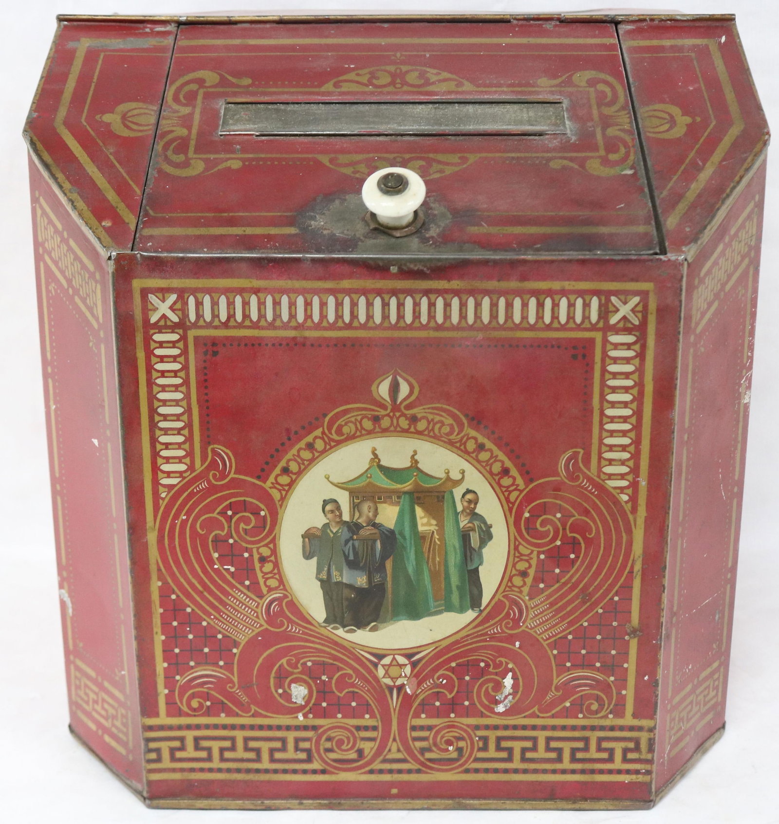 19TH C. TIN TEA BOX, RED WITH GOLD TRIM & ASIAN: DESIGN PORTRAIT, 13 1/2" H, 13" W, 11 1/2 D, PORCELAIN KNOB, GOOD OVERALL CONDITION