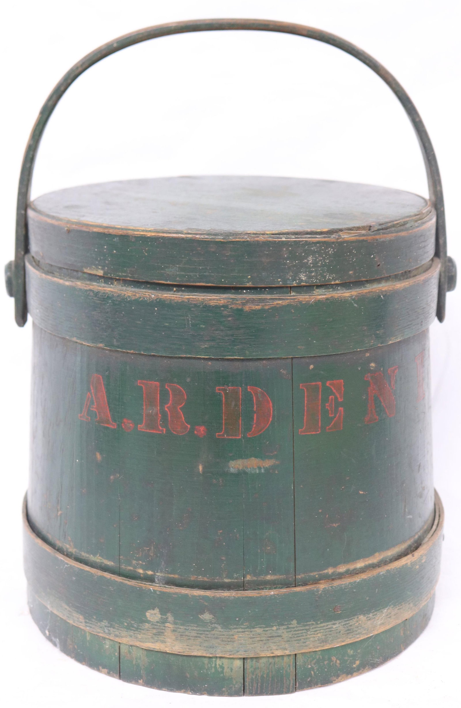 19TH C. FIRKIN, ORIGINAL GREEN PAINTED FINISH,: STENCILED A.R. DENISON, 14" OVERALL, BUCKET 10" H, 9 3/4" DIA.