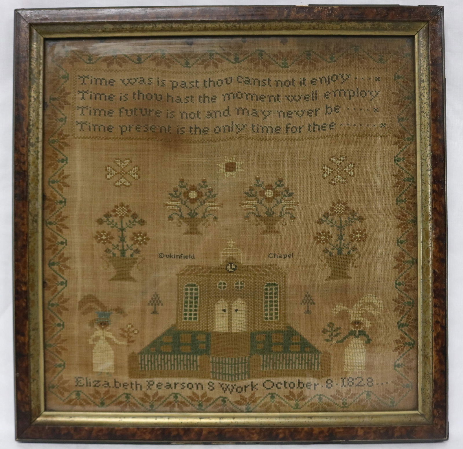 EARLY 19TH C. SAMPLER, ELIZABETH PEARSON WORK,: OCT. 8 1828, STYLIZED FLORAL BORDER, VERSE, POTTED PLANTS, DUNKINFIELD CHAPEL, 2 FIGURES, 16 1/2" X 16 1/2" SIGHT, OLD FRAME