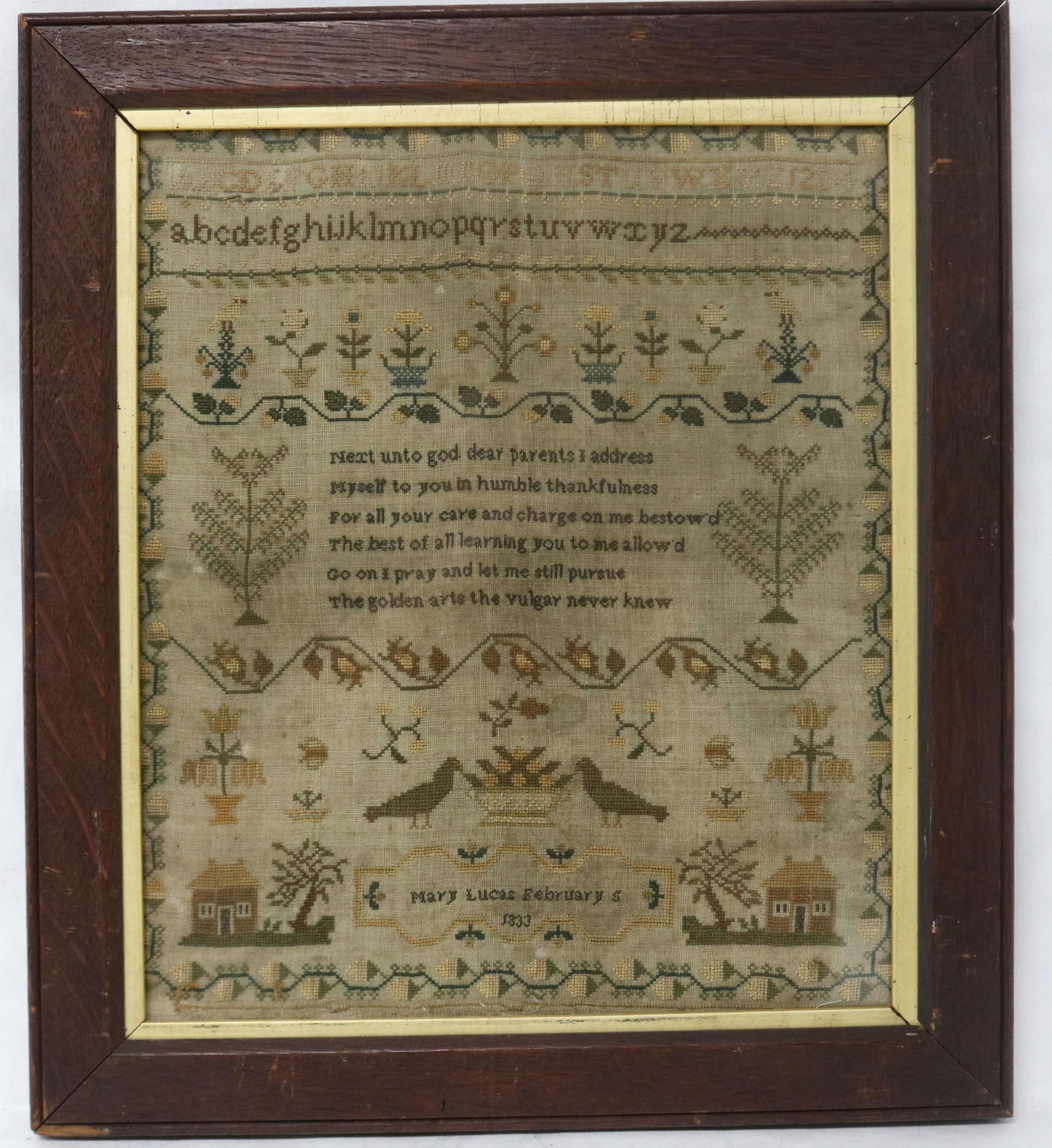 EARLY 19TH C. SAMPLER, MARY LUCAS FEBRUARY 5: 1833, FLORAL BORDER, ALPHABET, BAND POTTED PLANTS, VERSE, TREES, FLOWERS, BIRDS, BASKET, HOUSES, 13" X 11" SIGHT, 16 1/2" X 14 1/2" OVERALL