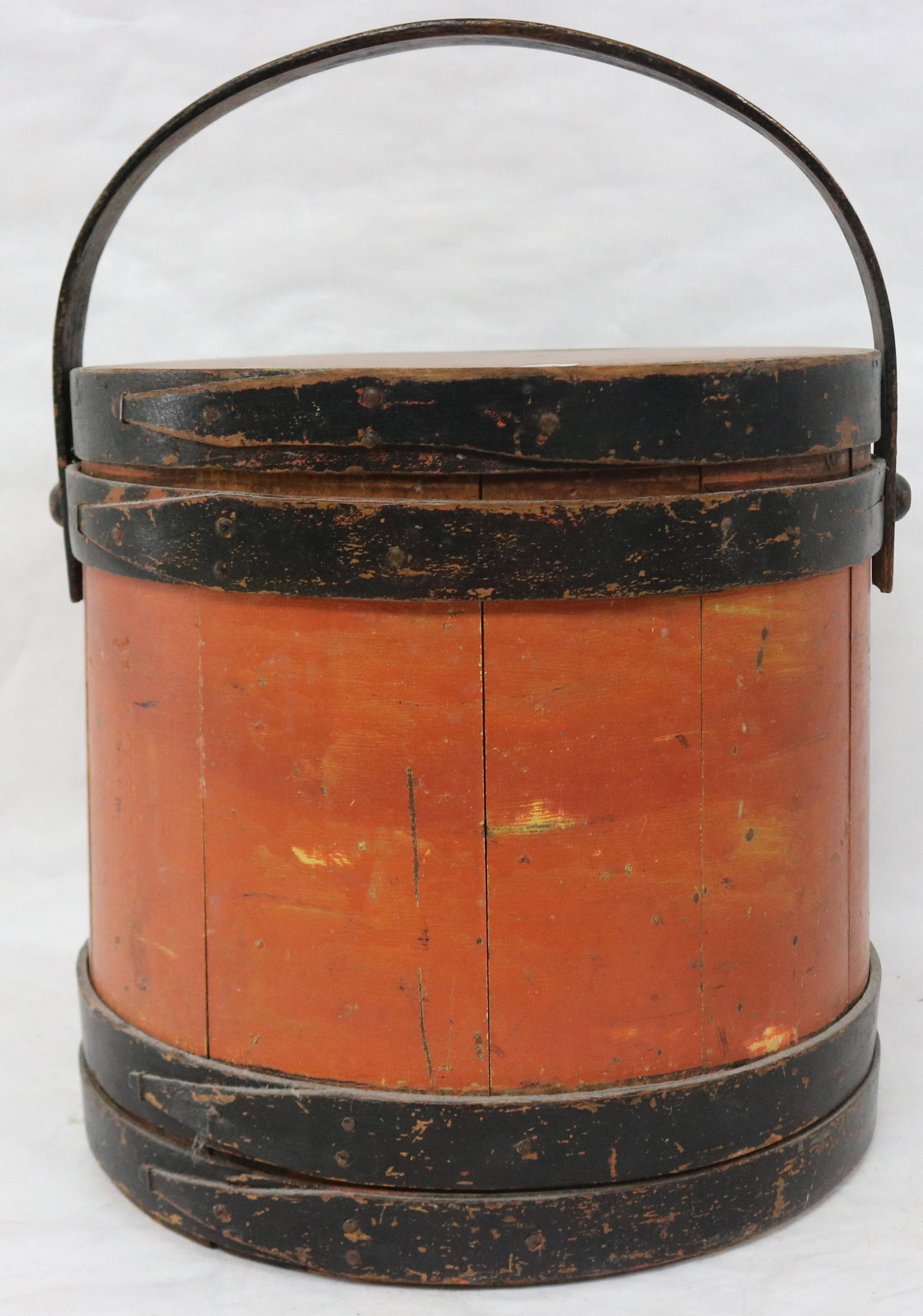 LATE 19TH C. RED & BLACK PAINTED SWING HANDLE: FIRKIN, STAMPED P. WILBUR, 12" H BUCKET, 12 1/2" DIA., 5" HANDLE, GOOD OVERALL CONDITION