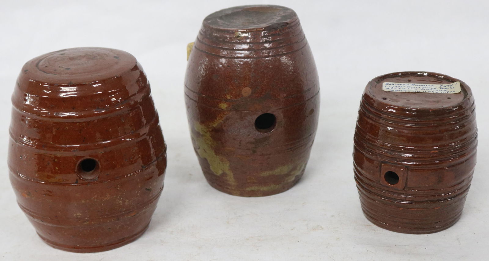 3 EARLY REDWARE RUNDLETS, 3" - 4 1/4" H, 2 1/2" -: 3 1/2" DIA., MINOR ROUGHAGE