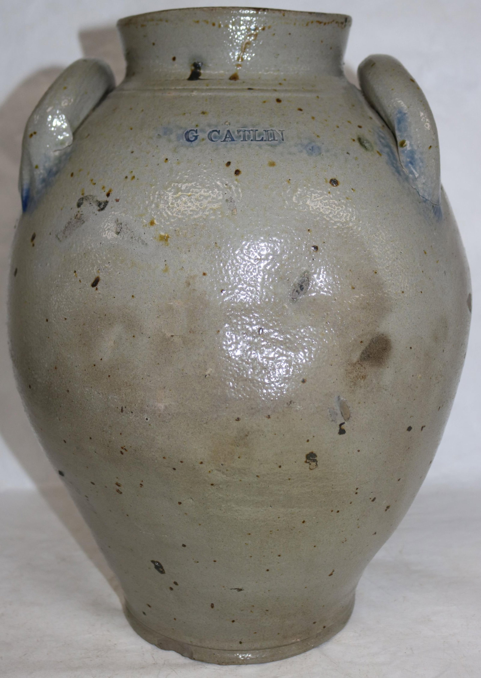 LARGE 3 GALLON OVOID CROCK WITH HANDLES, STAMPED: G. CATLIN, CHIP TO BASE, 16" H, 12" DIA., OVERALL GOOD CONDITION