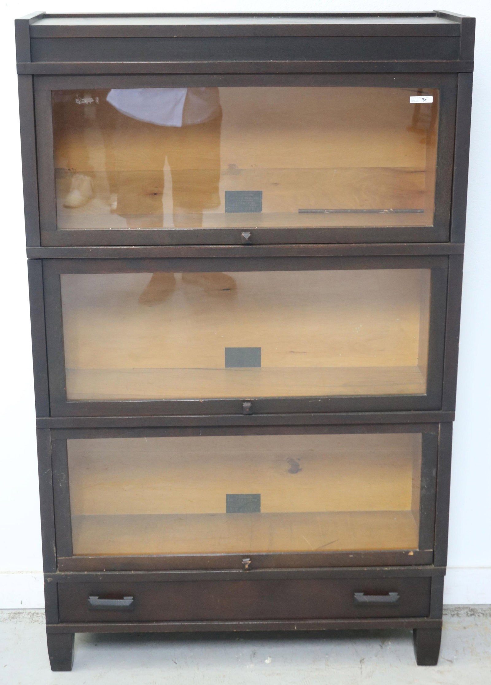 GLOBE WERNICKE MAHOGANY 3 STACK BOOKCASE ON 1: DRAWER BASE, ORIGINAL FINISH, MISSION STYLE, 56" H, 34 1/2" W, 11 1/4" D