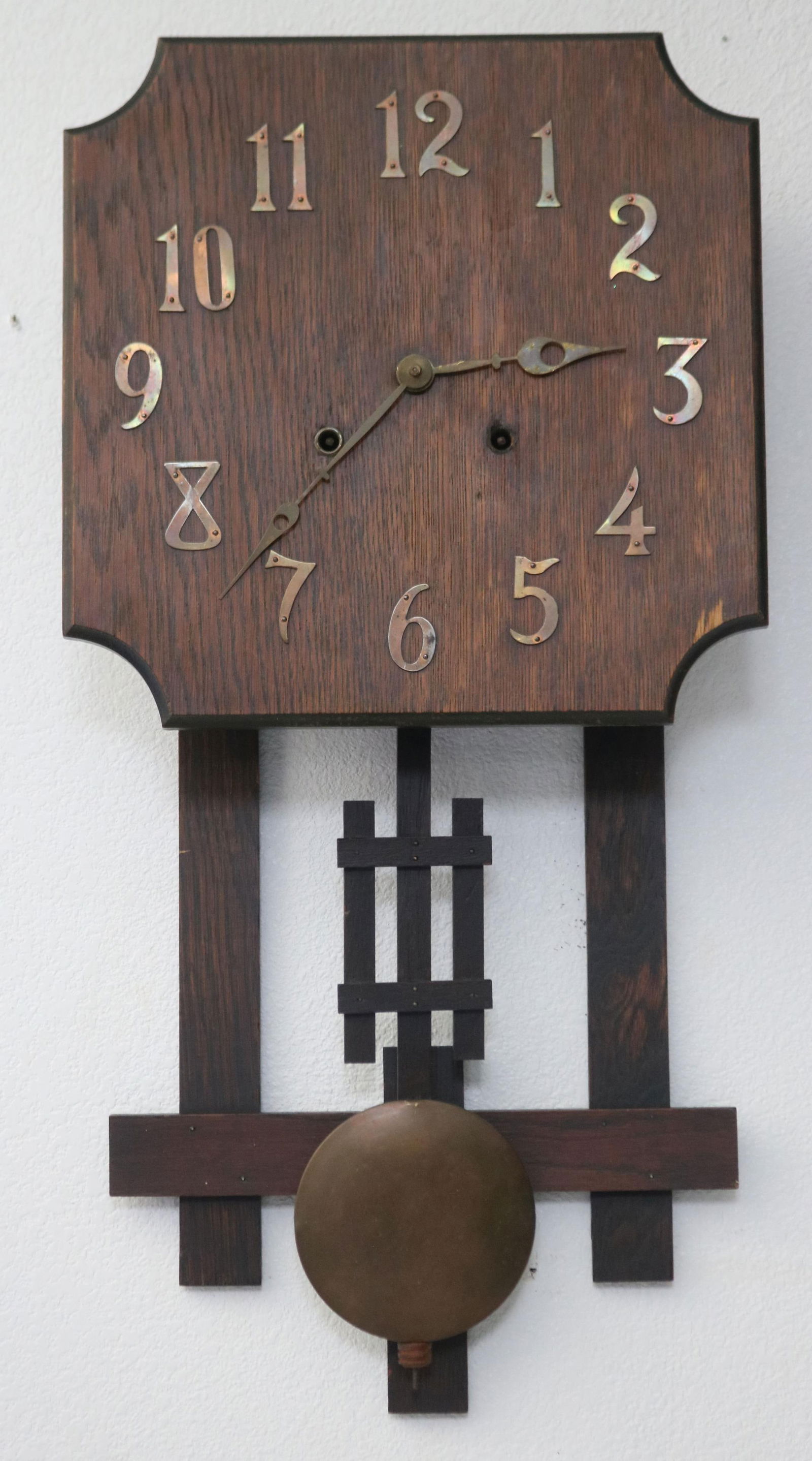 MISSION OAK WALL CLOCK, NATIONAL CLOCK CO. COPPER: FINISH NUMBERS & PENDULUM, ORIGINAL FINISH, 26" H, 13" W, 4 3/4" D