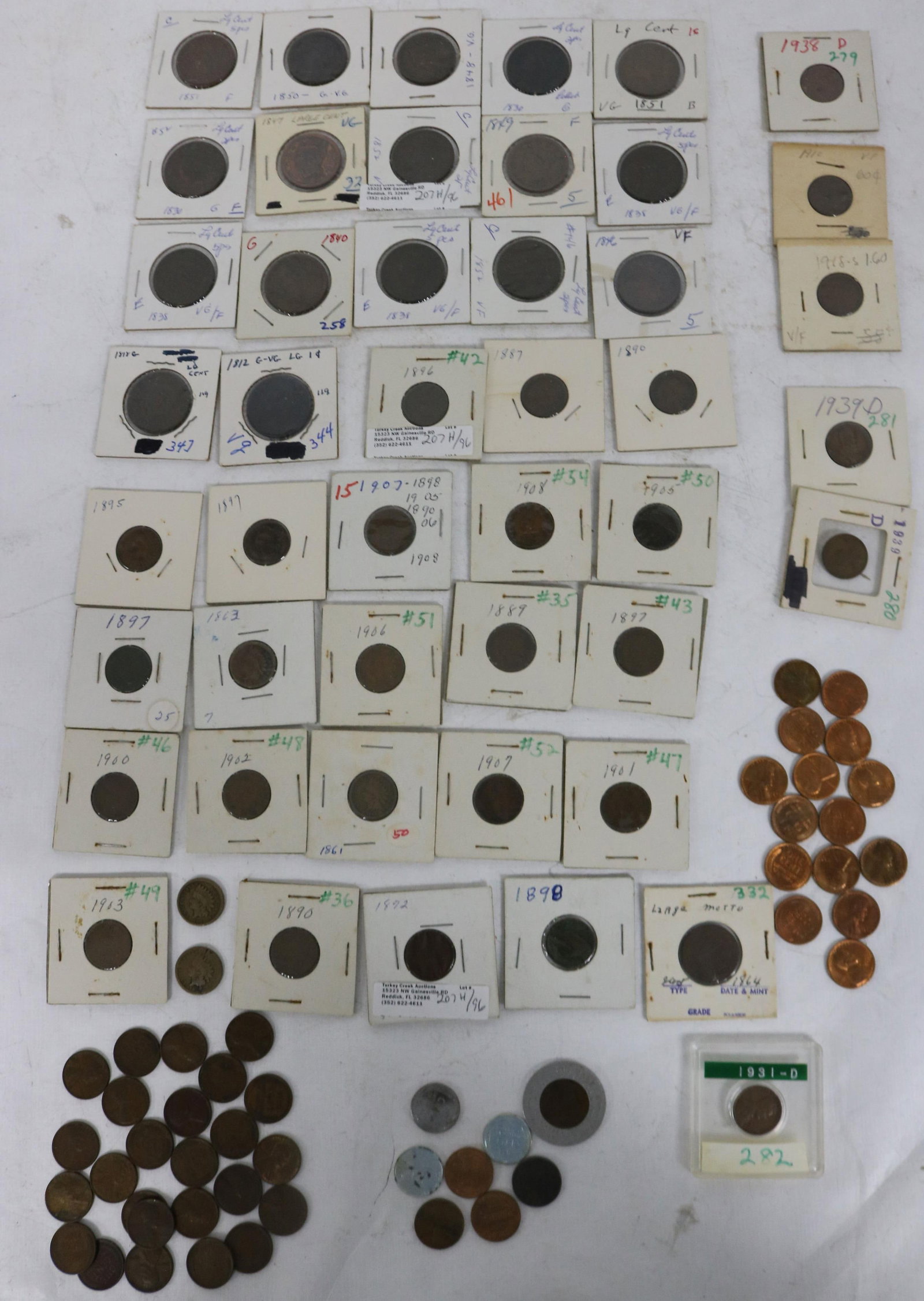 96 PENNIES, 16 LARGE CENTS, 1812 BUST CENT, 2: INDIAN HEAD PENNIES, 2 CENT PIECE, 44 WHEAT PENNIES TO INCLUDE 23 1909VOB, 15 UNCIRCULATED 1940S, 4 OTHER MISC.