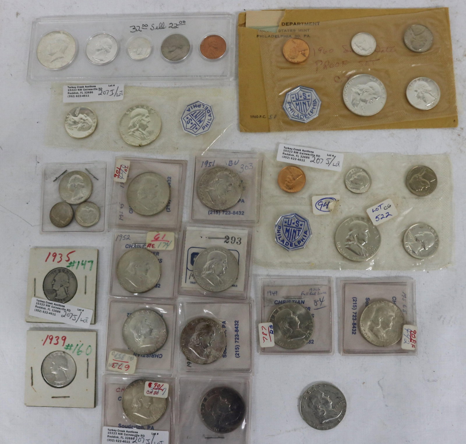 LOT OF SILVER COINS & MINT SETS, 3 MINT SETS,: 1956 +60 PHILADELPHIA, 1955 HALF & QUARTER, 1964 TYPE SET, 11 FRANKLIN HALVES, 1935+39 QUARTERS, 64 QUARTER & 2 DIMES, $9.50 FACE, 33 PIECES