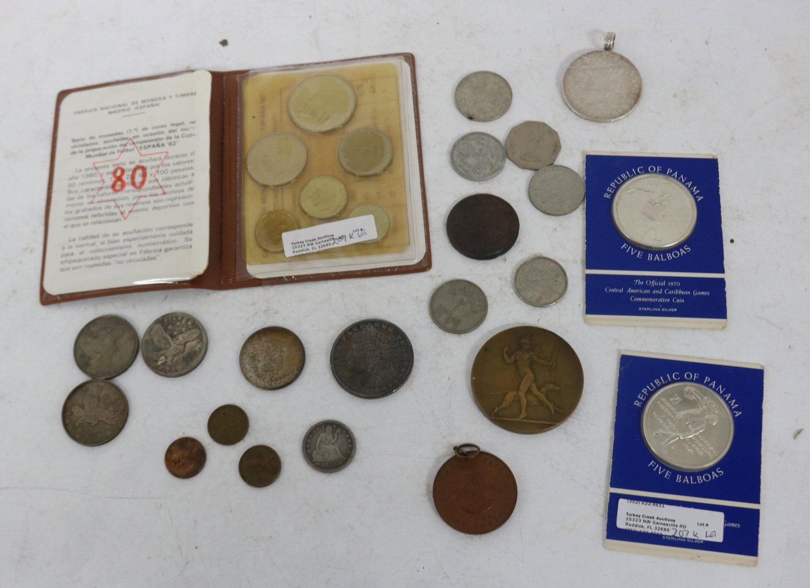 27 MISC. COINS & MEDALS, (3) 999 EAGLE 1/2 OZ,: 1947 BOOKER T. WASHINGTON COMMEMORATIVE HALF, 1898 O MORGAN DOLLAR, 2 PANAMA 5 BALBOAS, STERLING COINS, 1854 SEATED LIBERTY QUARTER, 1824 NOVA SCOTIA PENNY, 1980 6 PCS. COIN SET, ETHIOPIAN SILVER COIN