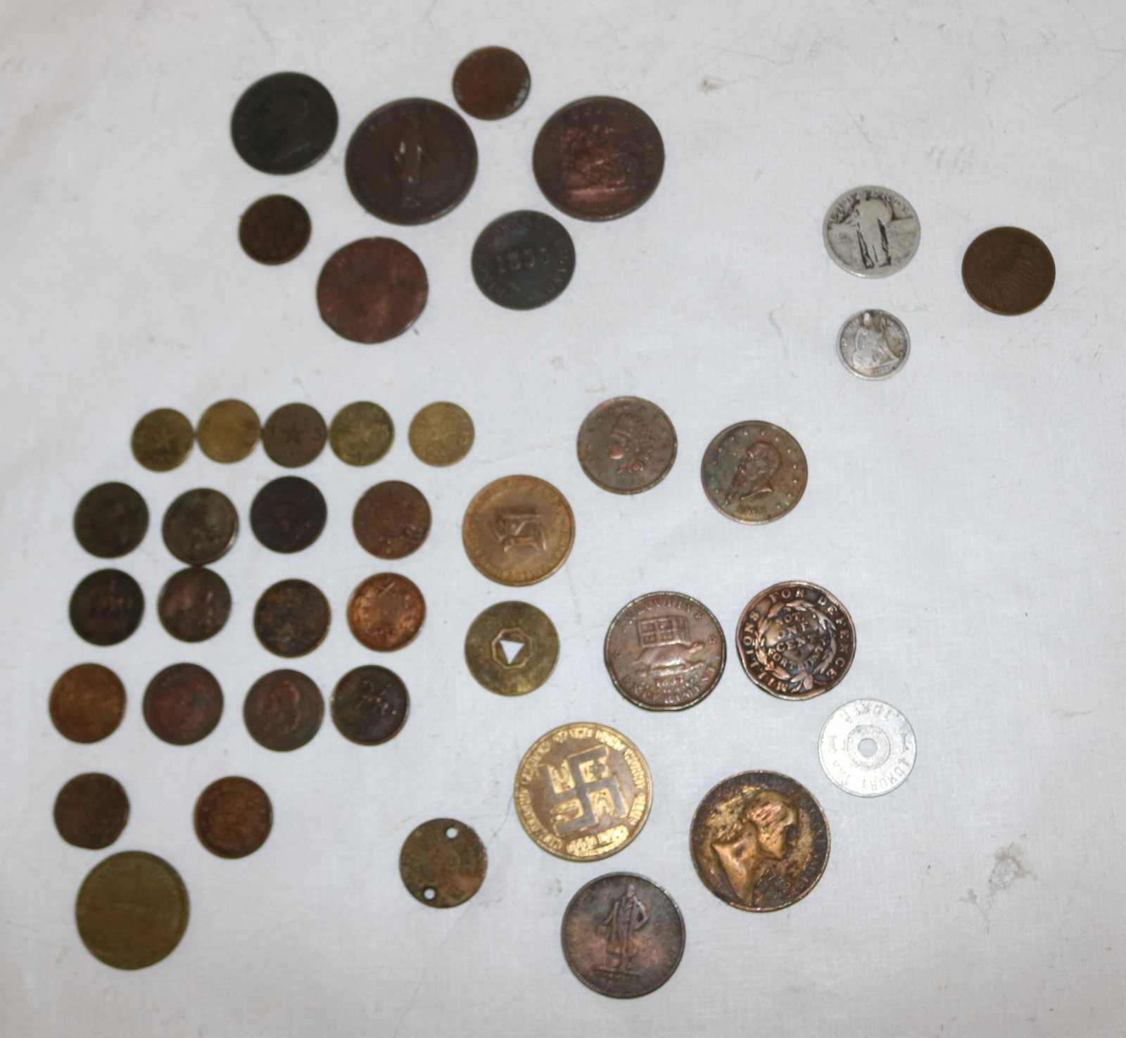 41 COINS & TOKENS, 7 FOREIGN COINS INCLUDING 1832: NOVA SCOTIA COINS, 1863 2 CENT PIECE, 2 SILVER US COINS, 5 ALABAMA LUXURY TAX TOKENS, APPROX. 16 CIVIL WAR TOKENS, VARIOUS SUBJECTS, (2) 1837 TOKENS, ETC.