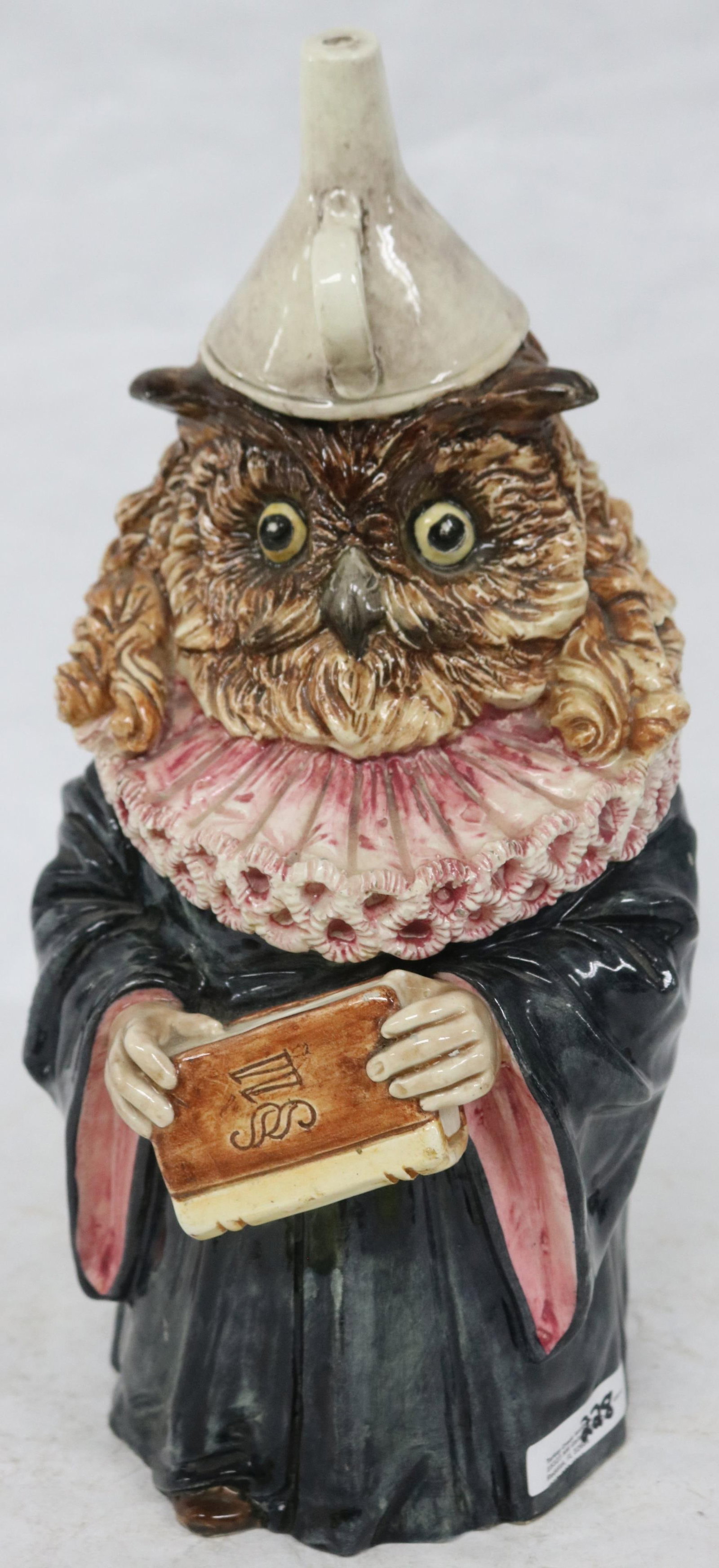 MAJOLICA CRACKER JAR, OWL SCHOLAR WITH FUNNEL: HAT, 13" H, 6" DIA.