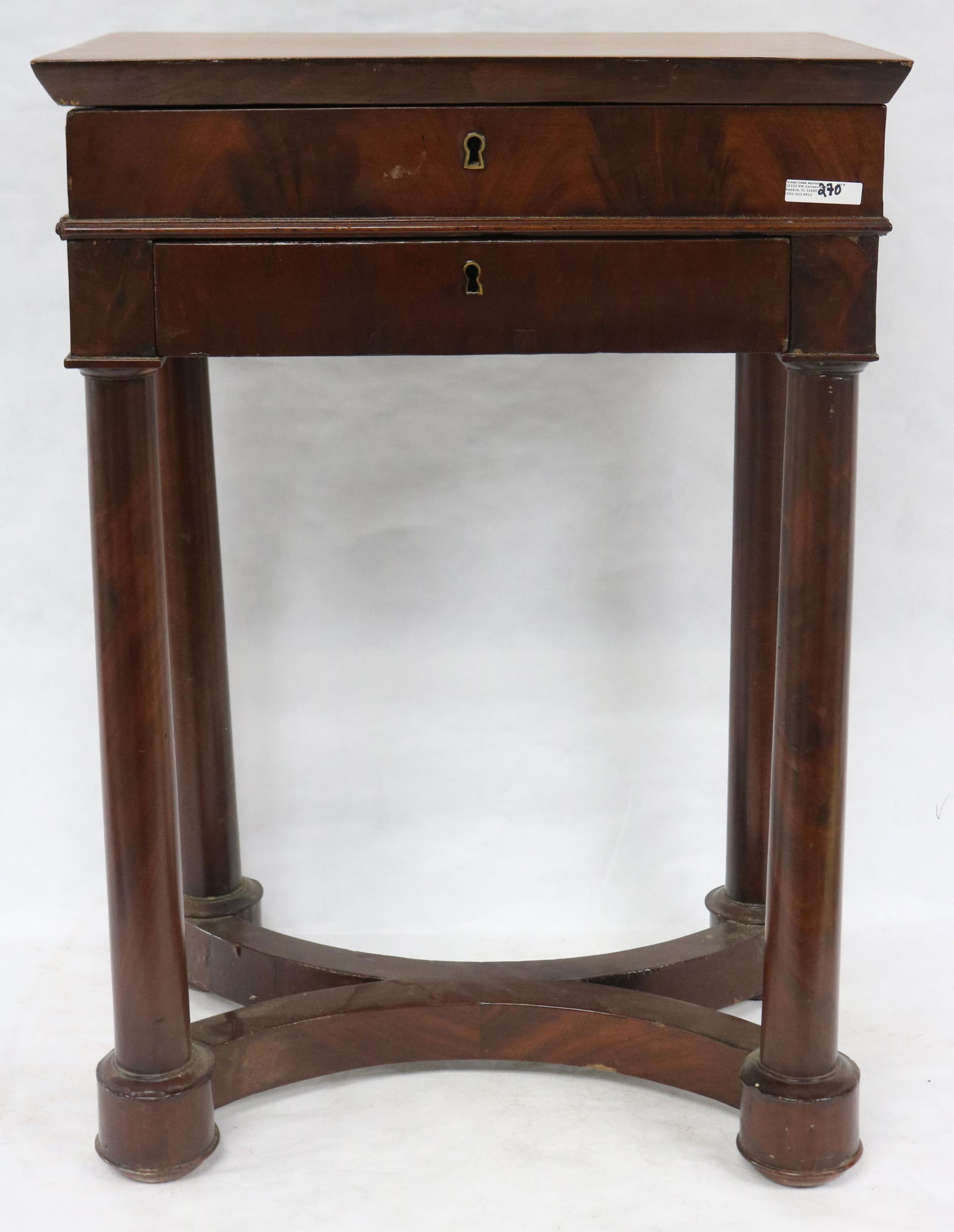 19TH C. REGENCY WRITING/SEWING STAND, LIFT TOP: MIRRORED INTERIOR, FOLD CANDLESTICK & PINCUSHION, 1 DRAWER, COLUMN LEGS, X STRETCHER BASE, OLD REFINISHED CONDITION, 28 1/2" H, 20" W, 13 1/2" D, SOME MINOR DAMAGE