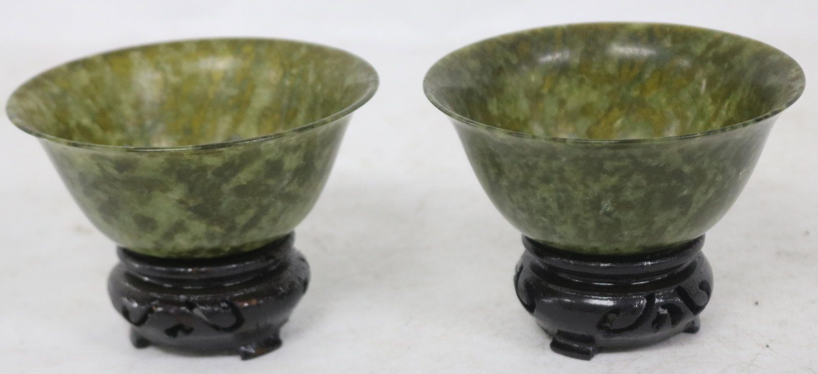 2 FINELY TURNED JADE BOWLS, VERY THIN, ON WOODEN: BASES, 1 3/4" H, 4" DIA., 1 1/4" BASES, PAIR 8 1/2" JADE CHOP STICKS