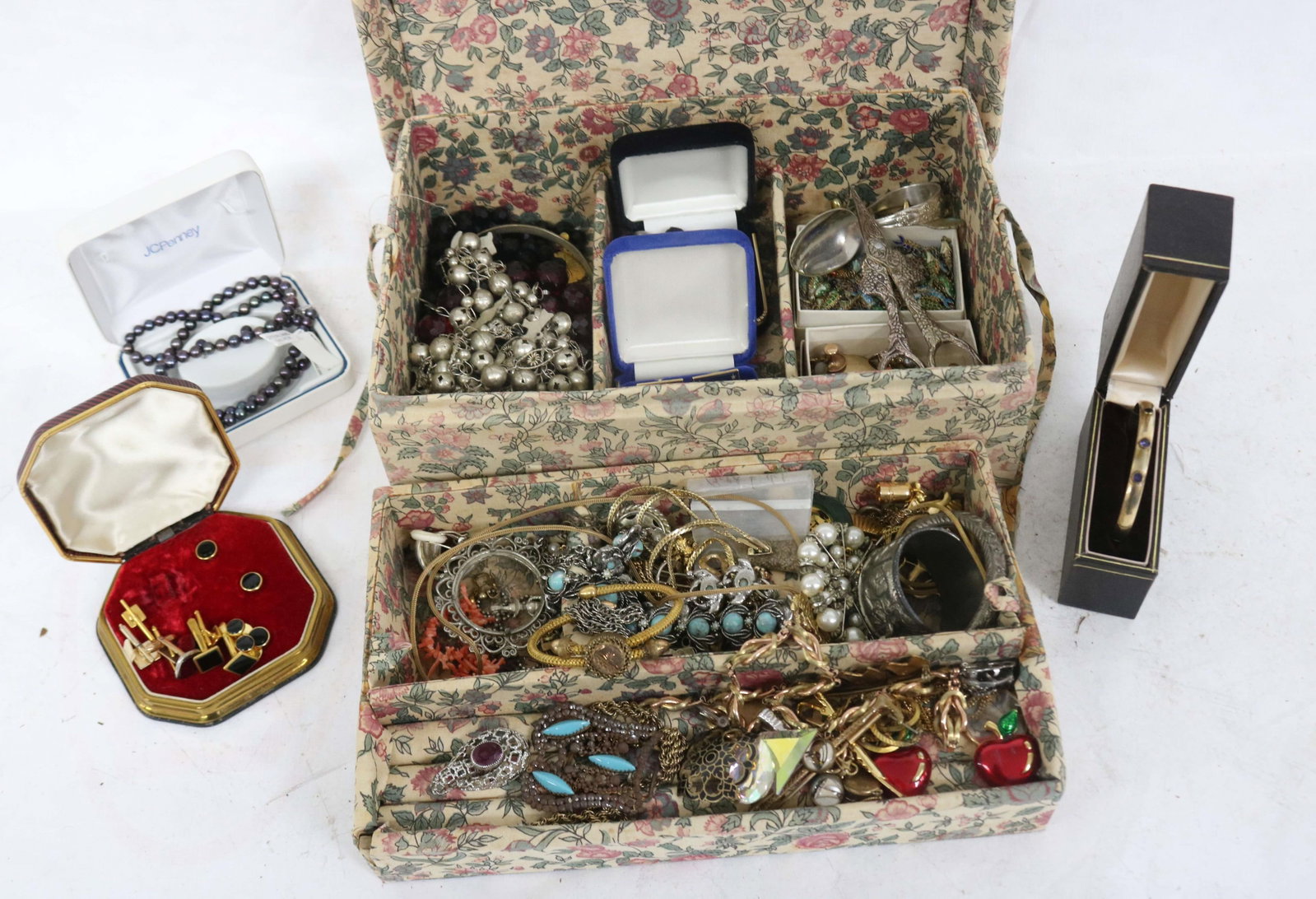 JEWELRY BOX FILLED WITH MISC. COSTUME JEWELRY,: GOLD FILLED, ETC. BOX AS IS
