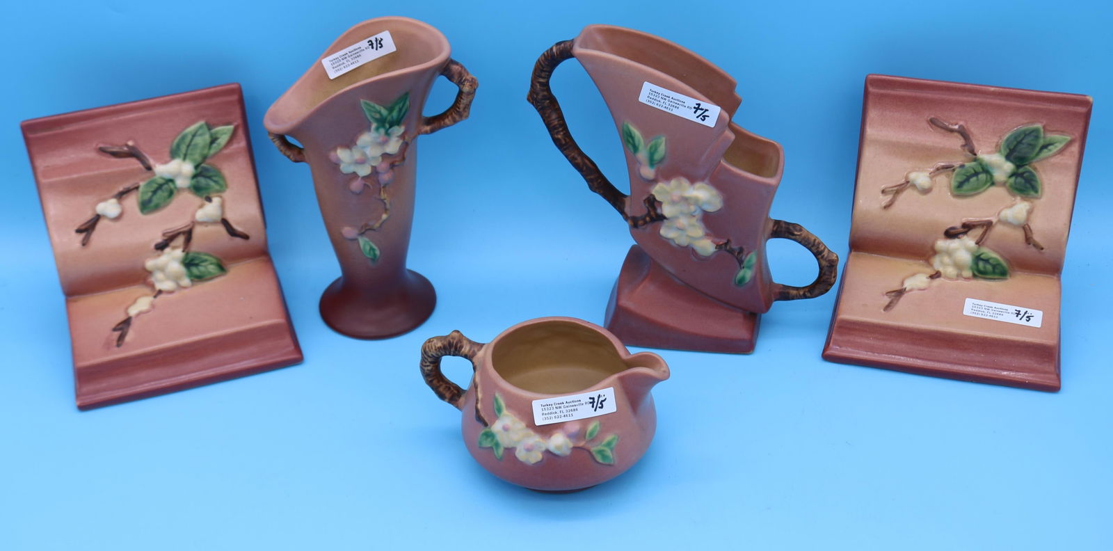 5 ROSEVILLE APPLE BLOSSOM PCS, 2 VASES WITH: BRANCH HANDLES, 7" H, PAIR BOOKENDS 5" H, CREAMER 2 1/2" H