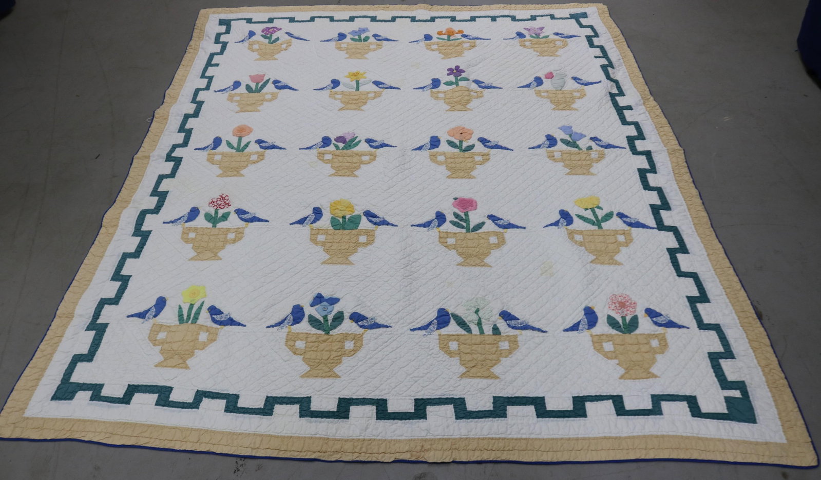 20TH C. QUILT, URN WITH BIRDS & FLOWER, 6' X 9': 2", GOOD OVERALL CONDITION, SLIGHT STAINS