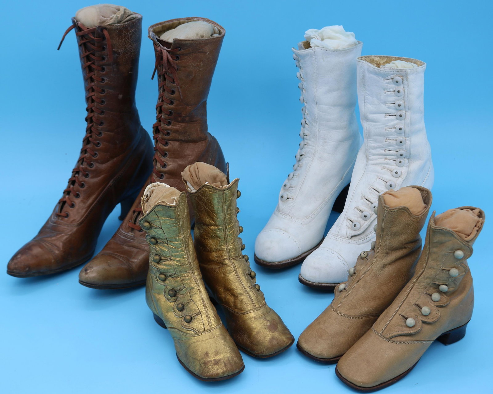4 PAIR VICTORIAN LADIES & CHILDREN'S SHOES,: EXCELLENT CONDITION, 5 1/2" - 10" H, 6 1/4" - 9 1/2" L