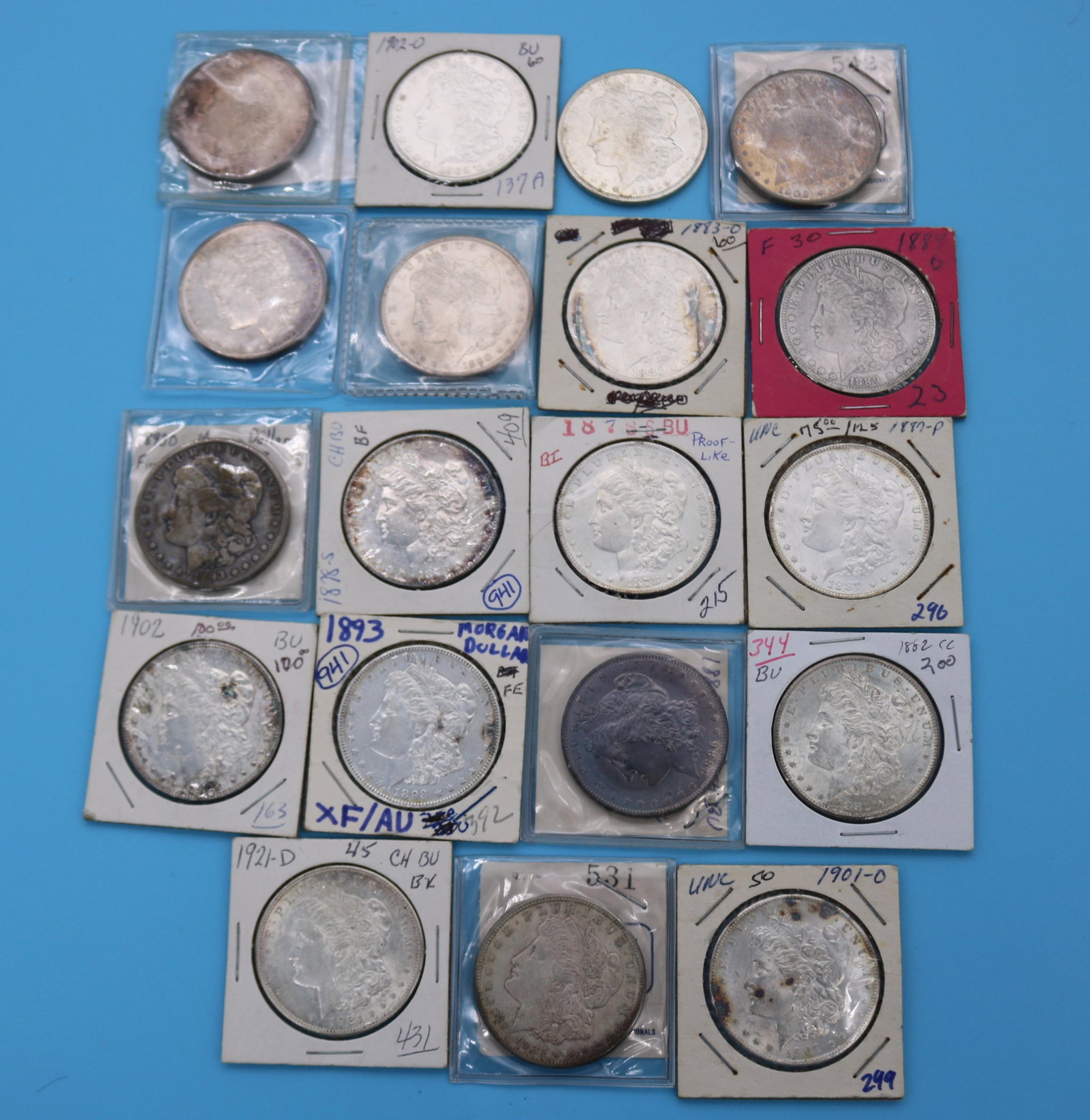19 MORGAN SILVER DOLLARS, 3 1878S, AU/UNC, 1879: AU/UNC, 1883 CC AU/UNC, 18830 GOOD CONDITION, 1886 UNC, 1886 AU/UNC, 1889O GOOD, 1890 UNC, 1893 XF/AU, 18930 GOOD, 1901O UNC, 1902 UNC, 2 1920 O AU/UNC, 2 1921 XF & UNC, 1921O AU UNC. PLEASE NOTE: THI