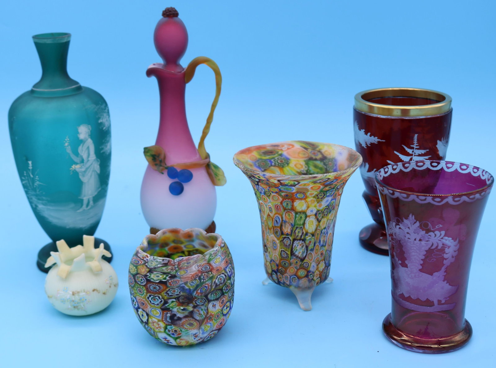 7 PCS. 19TH & 20TH C. ART & OTHER GLASS,: SMALL WASHINGTON BOWL, MARY GREGORY STYLE VASE, 2 PCS RUBY FLASH, 2 PCS MILLEFIORI, SATIN GLASS CRUET AS IS, 2 1/2" - 10"