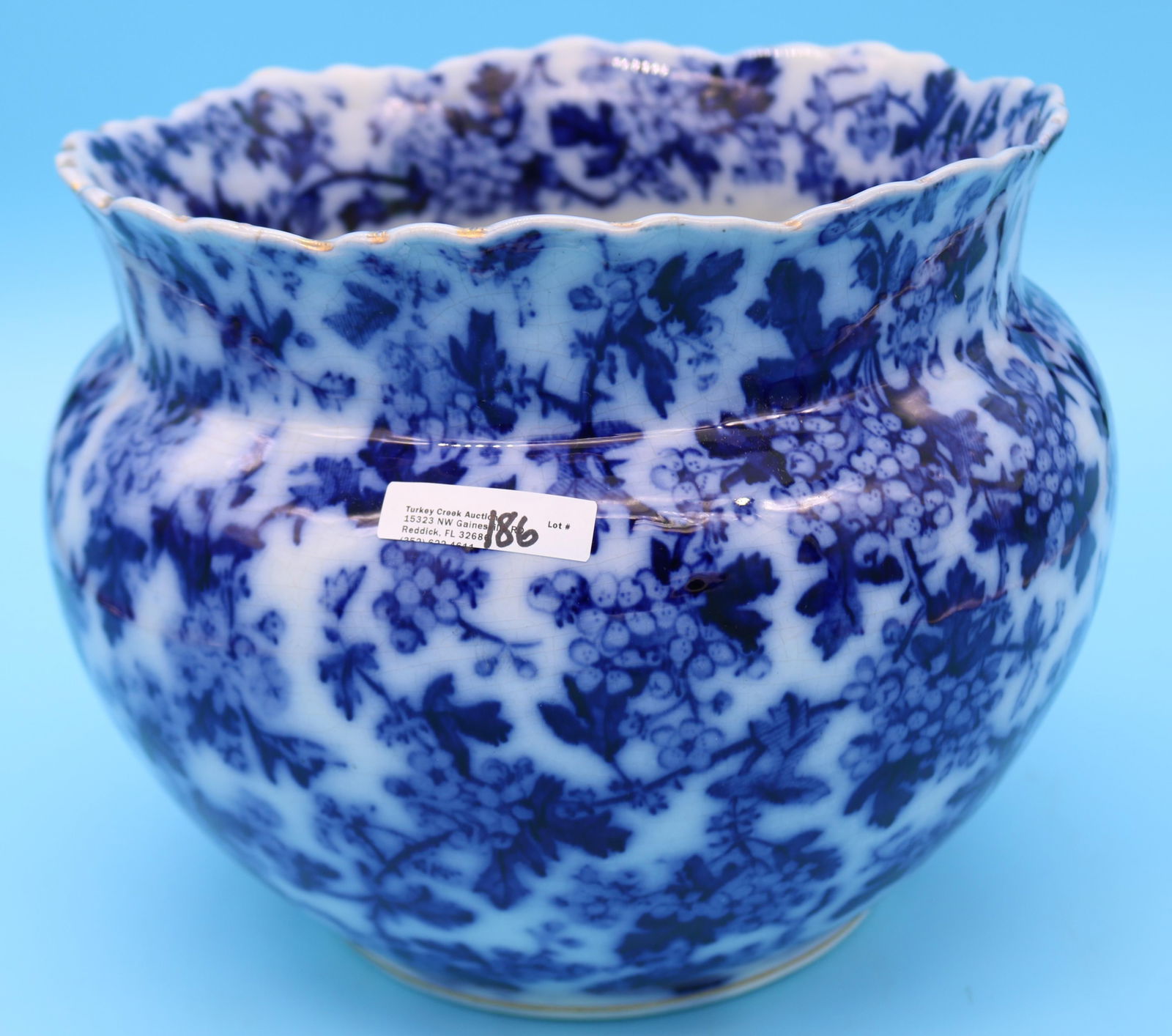 LATE 19TH C. FLO BLUE JARDINIERE, FLORAL DESIGN,: 8 3/4" H, 10" DIA., NO DAMAGE