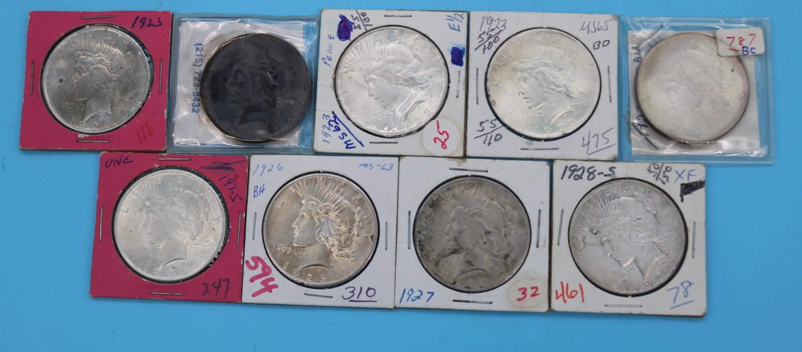 9 SILVER PEACE DOLLARS, 4 1922 AU/UNC, 1922D AU,: 1925 AU/UNC, 1926 UNC, 1927 AU, 1928S FAIR. PLEASE NOTE: THIS MUST BE PAID FOR BY WIRE TRANSFER, KNOWN CHECK, OR CASH. ITEMS WILL BE SHIPPED OR SENT TO SHIPPER ONCE PAYMENT CLEARS.