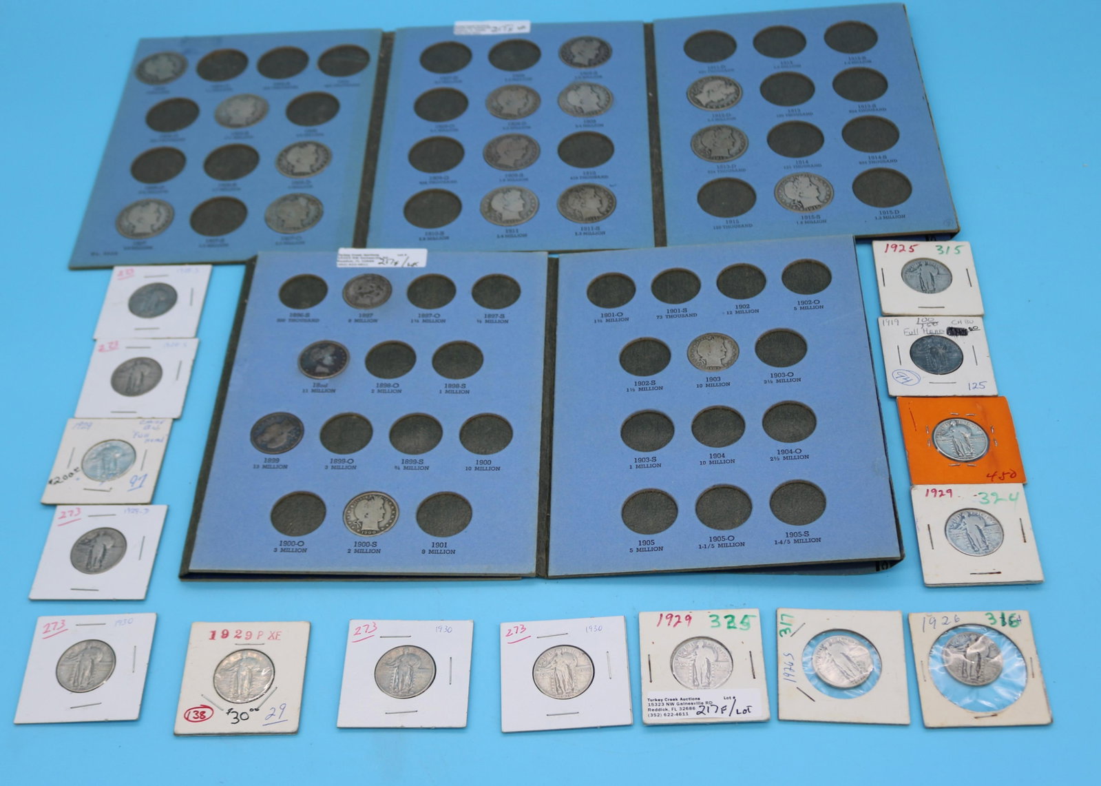 COLLECTION OF BARBER LIBERTY HEAD HALF DOLLARS &: QUARTERS & WALKING LIBERTY QUARTERS, 14 BARBER HALVES, 5 BARBER QUARTERS, 15 WALKING LIBERTY QUARTERS, ALL IN CIRCULATED CONDITION, VARIOUS DATES. PLEASE NOTE: THIS MUST BE PAID FOR BY WIRE TRANSFER, 