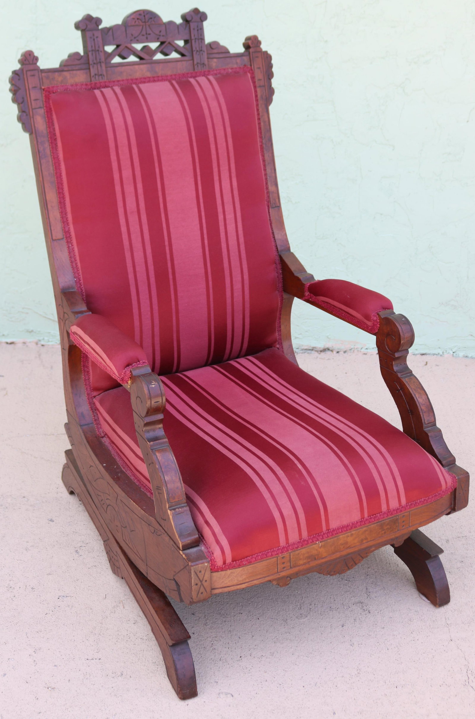 EASTLAKE VICTORIAN WALNUT PLATFORM ROCKER,: REUPHOLSTERED OLD FINISH BURL PANELS, 37 1/2" H, 23 1/2" W, 29" D