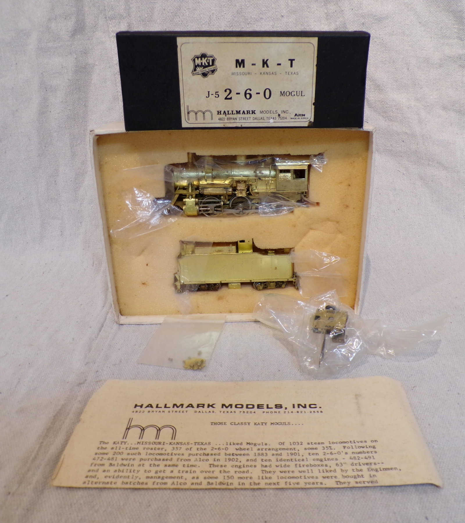 M-K-T JS 2-6-0 MOGUL HALLMARK MODELS, NEW MARKS: ON INSIDE & OUTSIDE OF BOX
