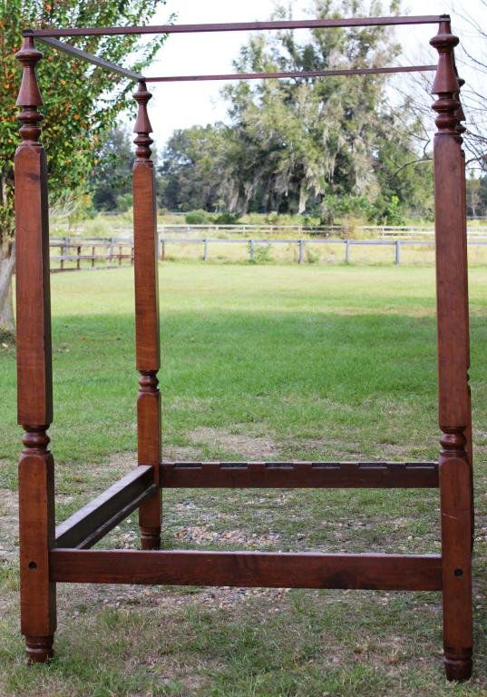19TH C. FIGURED MAPLE 4 POSTER TESTER BED,: HEAD BOARD MISSING, DESCENDED FROM ROBINSON FAMILY IN GEORGIA, 88 3/4" H, 61 1/2" W, 79 1/4" L