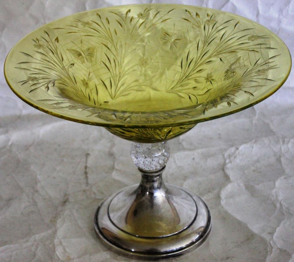 PAIRPOINT COMPOTE WITH BUTTERFLY: ENGRAVED CANARY YELLOW BOWL, CLEAR BUBBLE BALL STEM, ON WEIGHTED STERLING BASE, 9" H, 12 1/4" DIA.