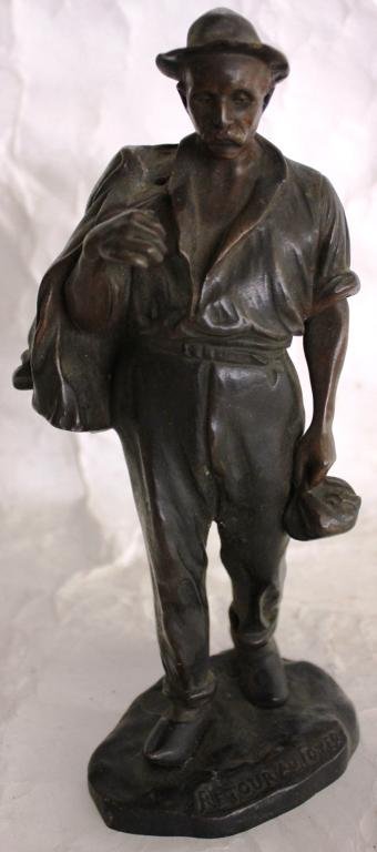 LATE 19TH C. BRONZE FIGURE OF FIELD WORKER,: TITLE "RETOUR AU FOYER" SIGNED PICCIOLE, STAMPED BRONZE CARANTI, MISSING TOOLS, 9 3/4" H