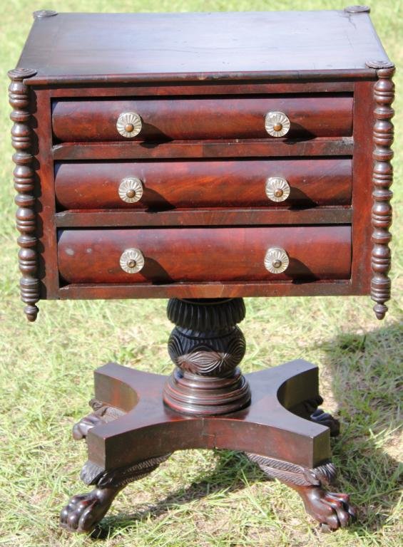 19TH C. FEDERAL 3 DRAWER WORK TABLE,: WITH BAND INLAID COOKIE CORNER TOP, OLD GLASS KNOBS, OLD REFINISH, 28" H, 20" W, 15 1/2" D