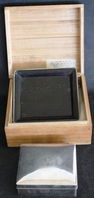 JAPANESE SILVER COVERED BOX WITH: EBONY INSERT ON EBONY TRAY WITH SILVER LINING, UNKNOWN WEIGHT, BOX SIZE 1 3/4" H, 4 3/8" X 3 3/4"