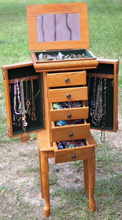 CONTEMPORARY OAK STANDING JEWELRY BOX,: COMPLETE WITH COSTUME JEWELRY, 37" H, 13 1/2" W, 10" D
