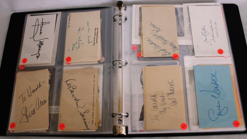 ALBUM WITH 120+ AUTOGRAPHS: AUTOGRAPHED PHOTOS OF CELEBRITIES TO INCLUDE JANE RUSSELL, JULIE CHRISTIE, CHARLIE PRIDE, ART LINKLETTER, ETC.