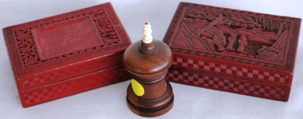 TWO CINNABAR COVERED BOXES TOGETHER WITH: 4 1/2" H TURNED WOODEN BOX WITH IVORY FINIAL, BOXES 1 3/4" H, 5" - 5 1/2" L