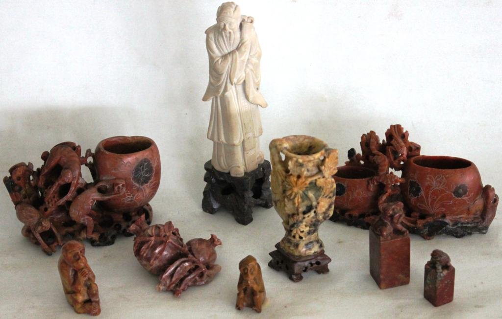 COLLECTION OF 9 MISC. CARVED SOAPSTONE ITEMS,: VASES, FIGURES, ETC., 2" - 8" H