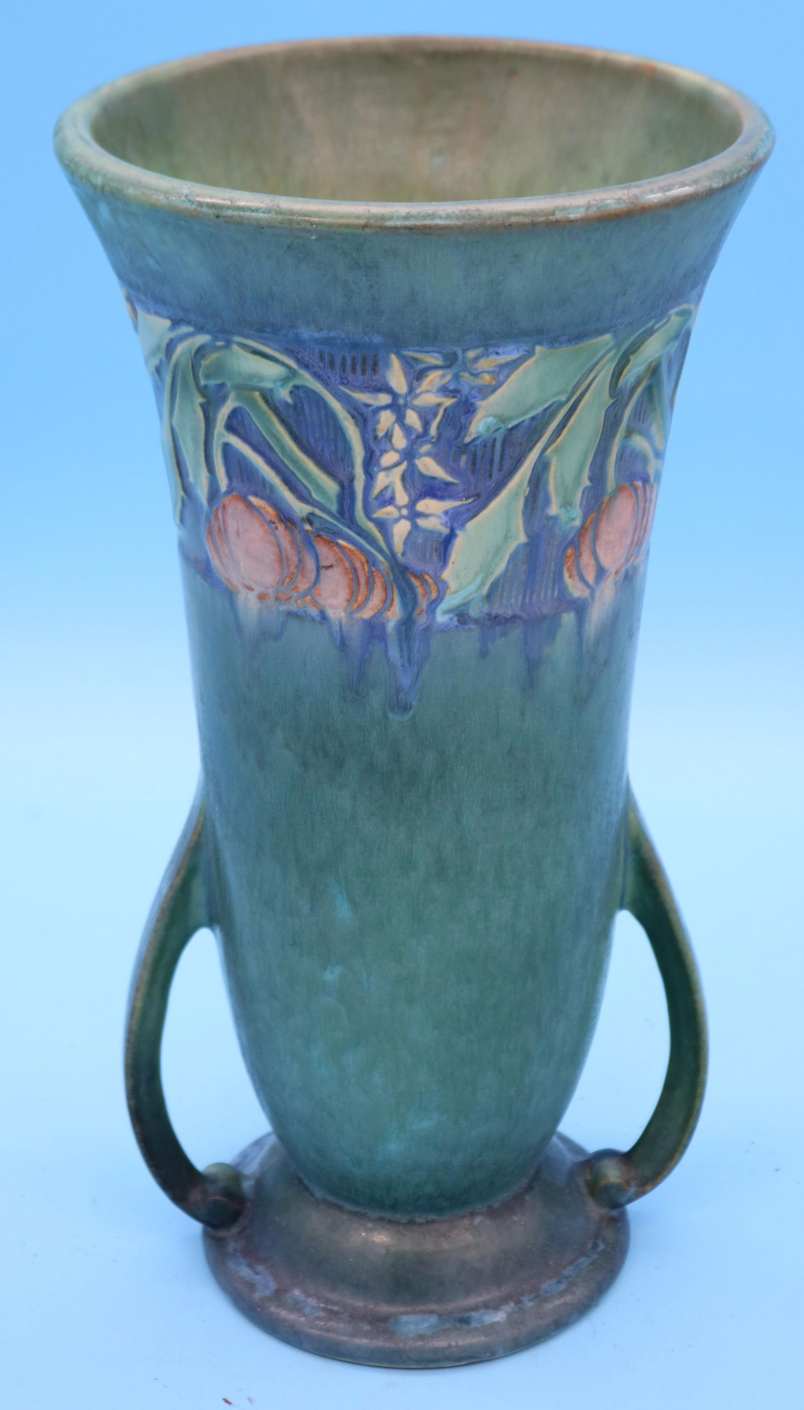 EARLY ROSEVILLE BANEDA HANDLED VASE, GREEN MATTE, (1 of 3)