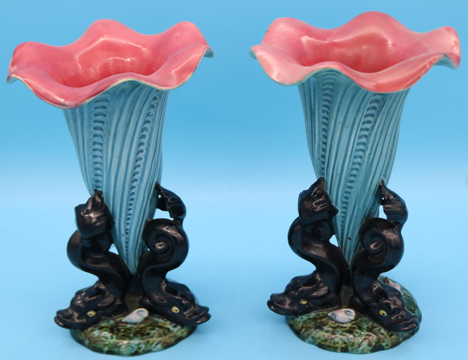 PAIR 19TH C. MAJOLICA VASES WITH DOLPHIN & SHELL (1 of 3)