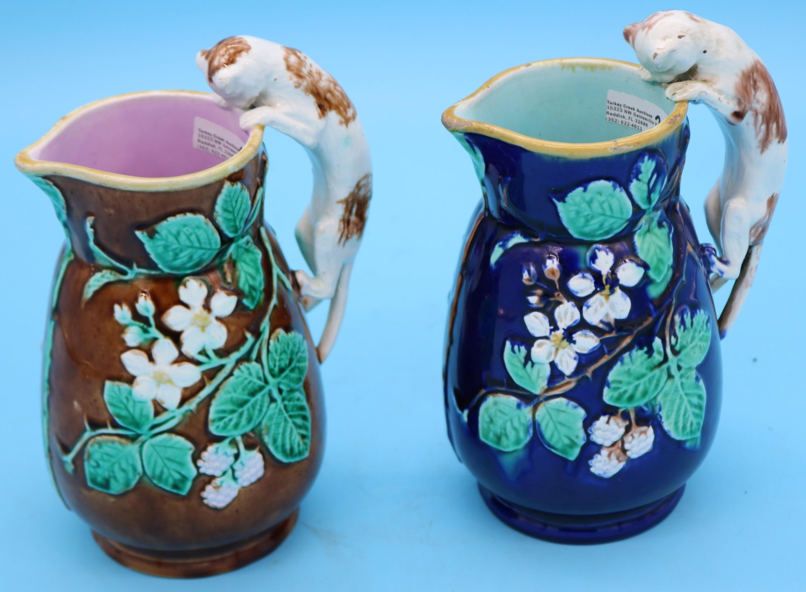 2 MAJOLICA PITCHERS WITH CAT HANDLES, SLIGHT: GLAZE ROUGHAGE TO 1 SPOUT, 7 3/4" H