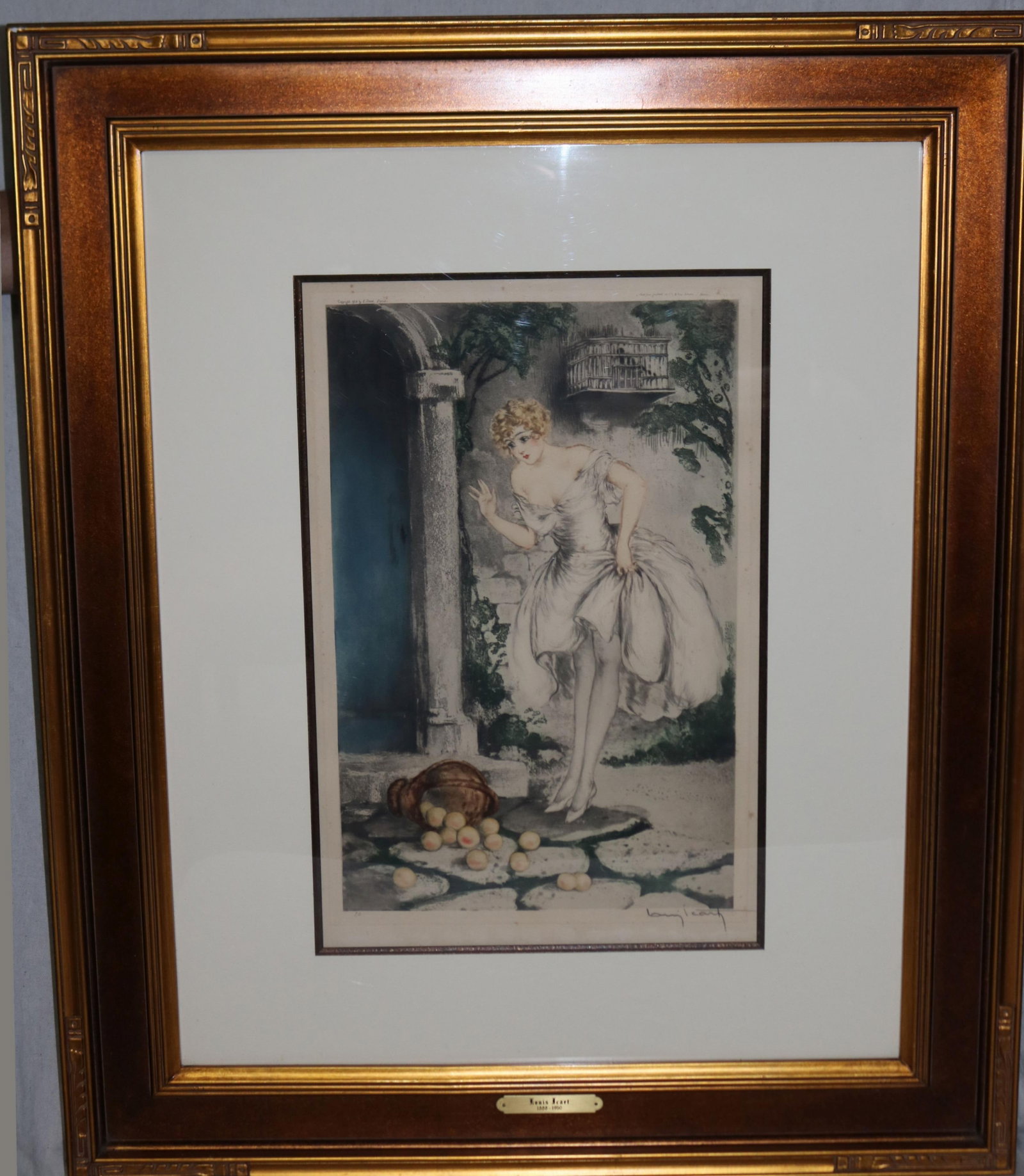 LOUIS ICART: 1888-1950, SIGNED ETCHING WITH HAND: WATERCOLOR ON PAPER, TITLE "SPILLED" APPLES", WINDMILL MARK, PROVENANCE NATHAN DANIEL ISAN 1928, 13 3/4" X 21" SIGHT, 37" X 31 OVERALL