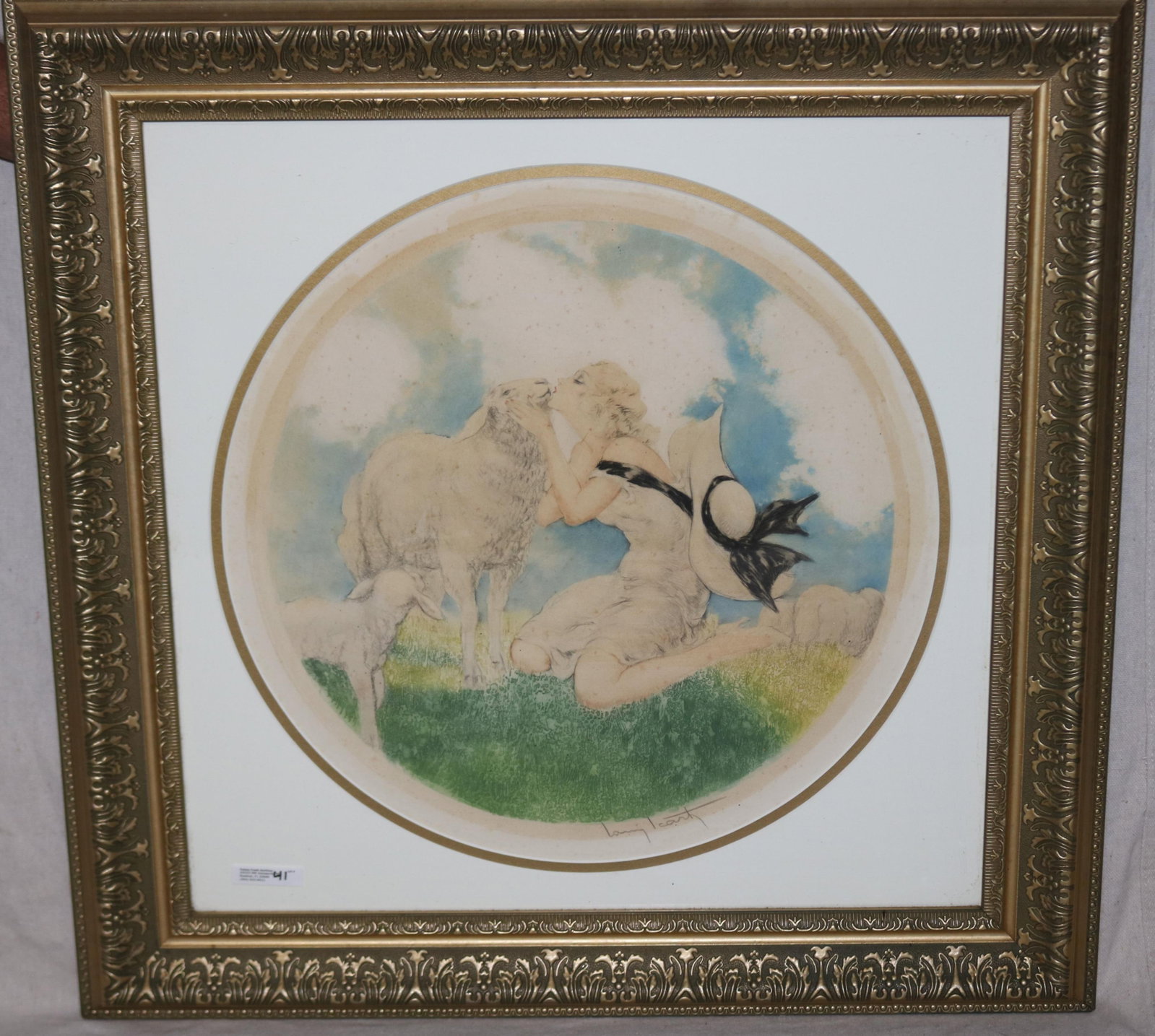 LOUIS ICART: 1888-1950, FAVORITE, 17" DIA.,: SIGNED WINDMILL MARK, SHOWS SOME FOXING, 25 1/2" X 25 1/2" OVERALL