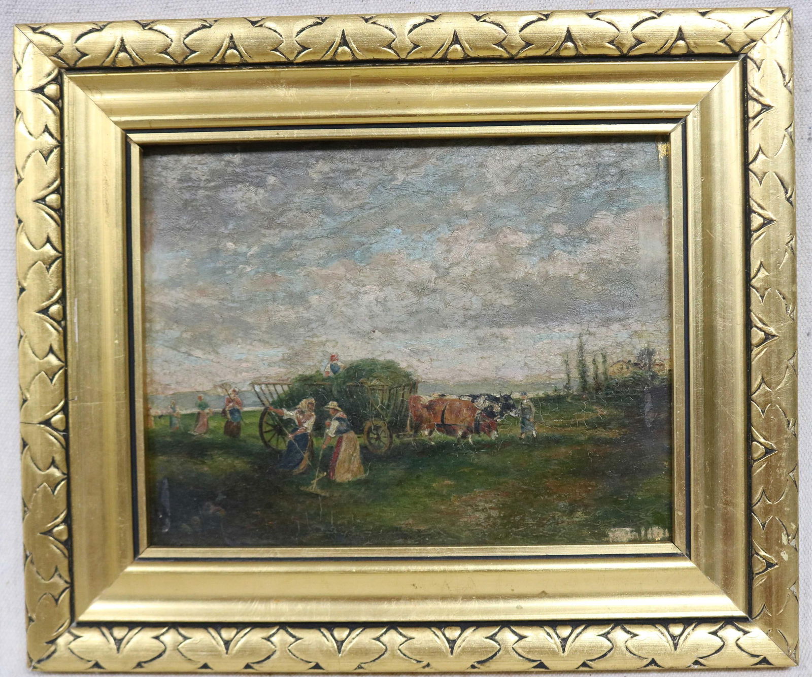 19TH C. OIL ON PANEL HARVEST SCENE, SIGNED LOWER (1 of 3)